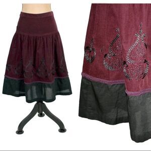 Anne Taylor Burgundy & Black Embroidered Corduroy A line cotton Skirt 4